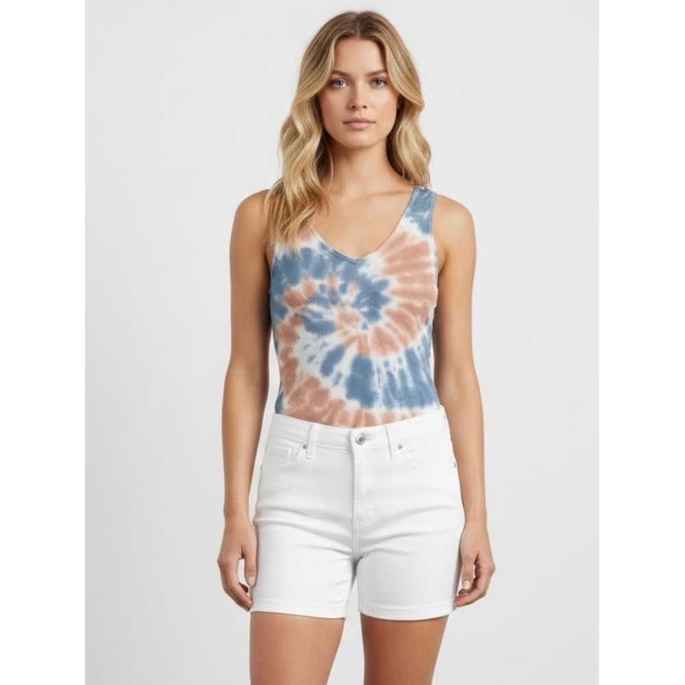 Love Tree Womens Blue Terracotta Spiral Tie Dye Ribbed V-Neck Tank Bodysuit L